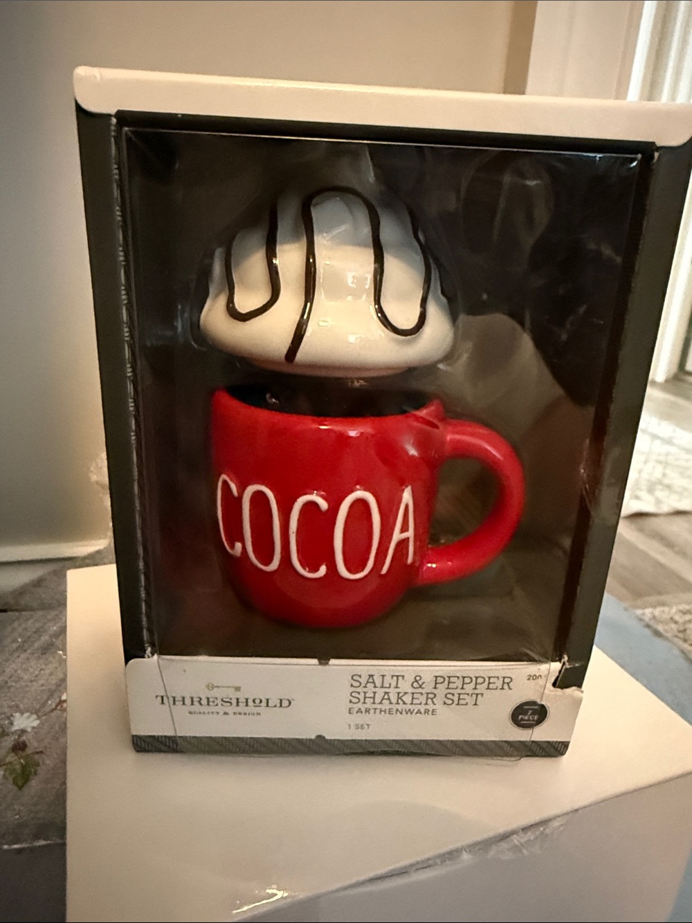 NIB -Threshold Red 'Cocoa' Mug Salt and Pepper Shaker Set with White Whipped Top